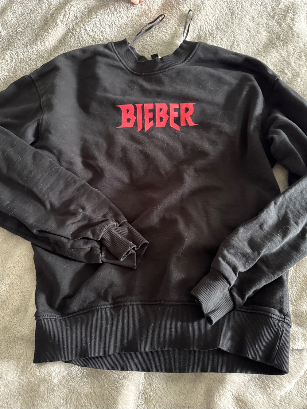 Justin Bieber Black Crewneck with Red 'BIEBER' Logo